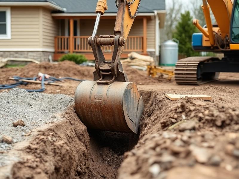 Godet d'excavatrice creusant une tranchée sur un chantier résidentiel