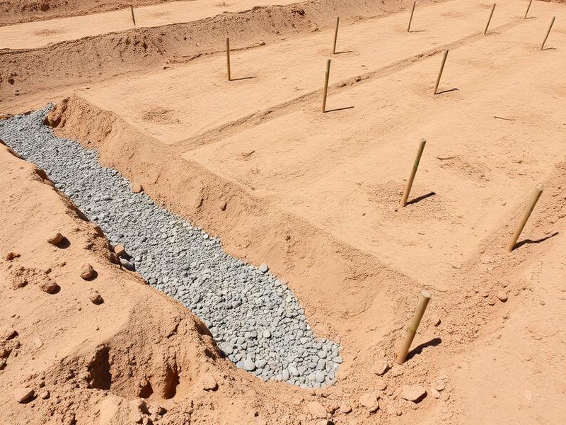 Terrain préparé avec fondation de gravier et piquets d'arpentage